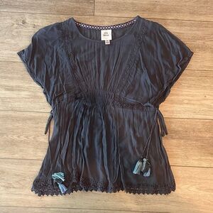 Knox Rose Navy Blue Short Sleeve Peasant Blouse with Tassels
